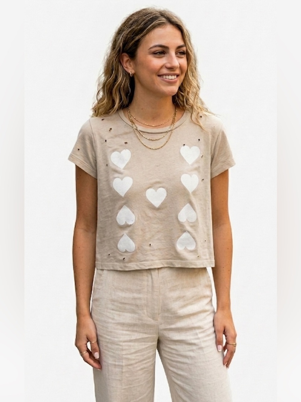 Wildfox Y2K Cotton Hearts Graphic Distressed Short Sleeve Crop Soft Stretch Top